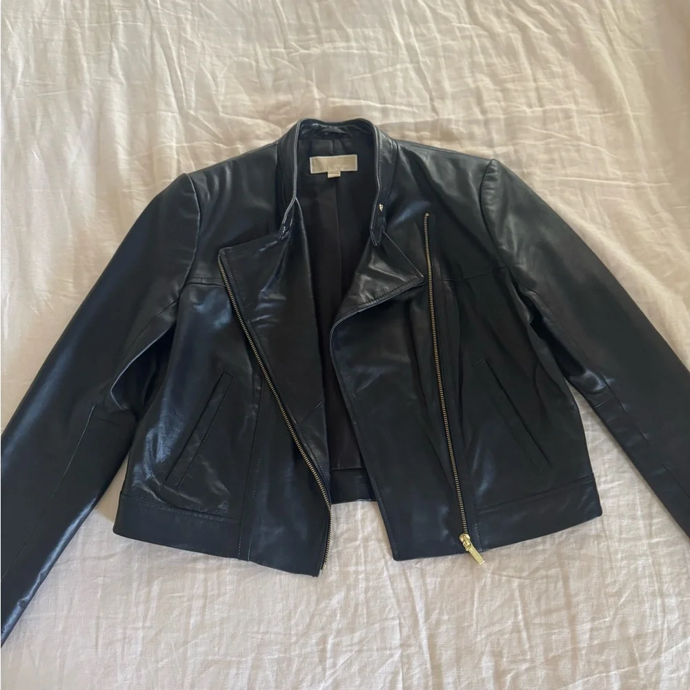 Michael Kors Black Leather Moto Jacket with Gold Hardware - Picture 1 of 7